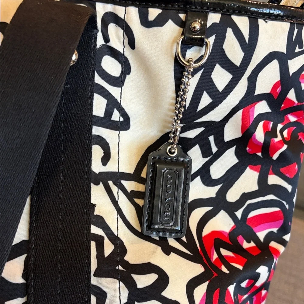 Coach Black, White & Red Floral Canvas Tote